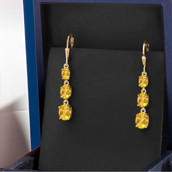 18K Yellow Gold with 4.95 Cttw 3 Stone Citrine Dangling Leverback Drop Earrings - Picture 4 of 5